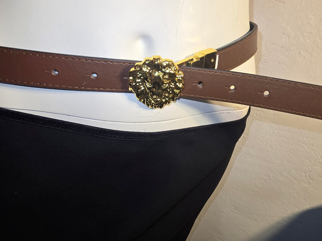 Black & Brown leather belt with 3d- Gold Lion head