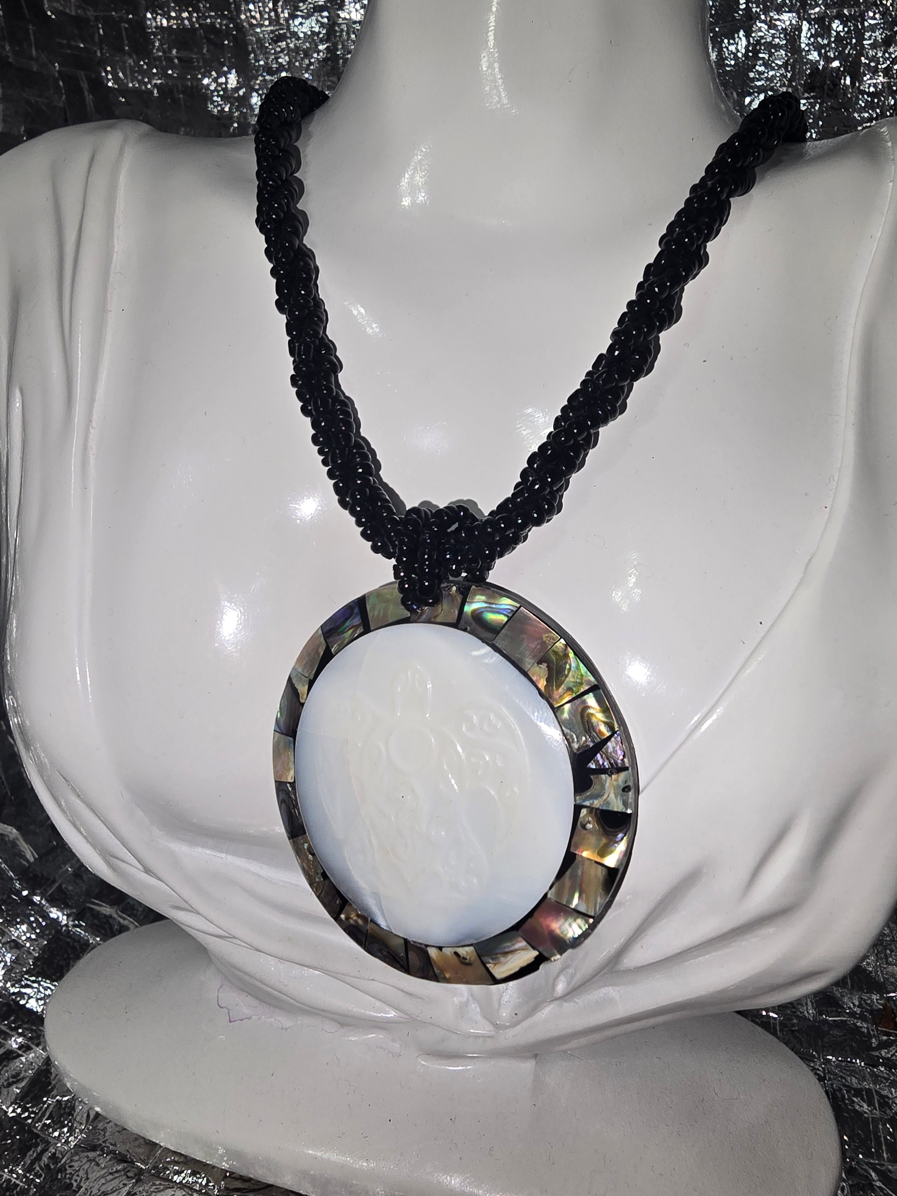 Vintage Black seed beaded sea turtle pendant necklace