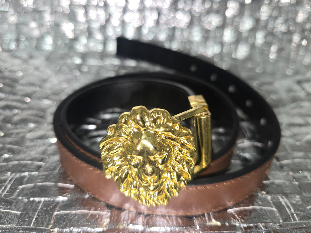 Black & Brown leather belt with 3d- Gold Lion head