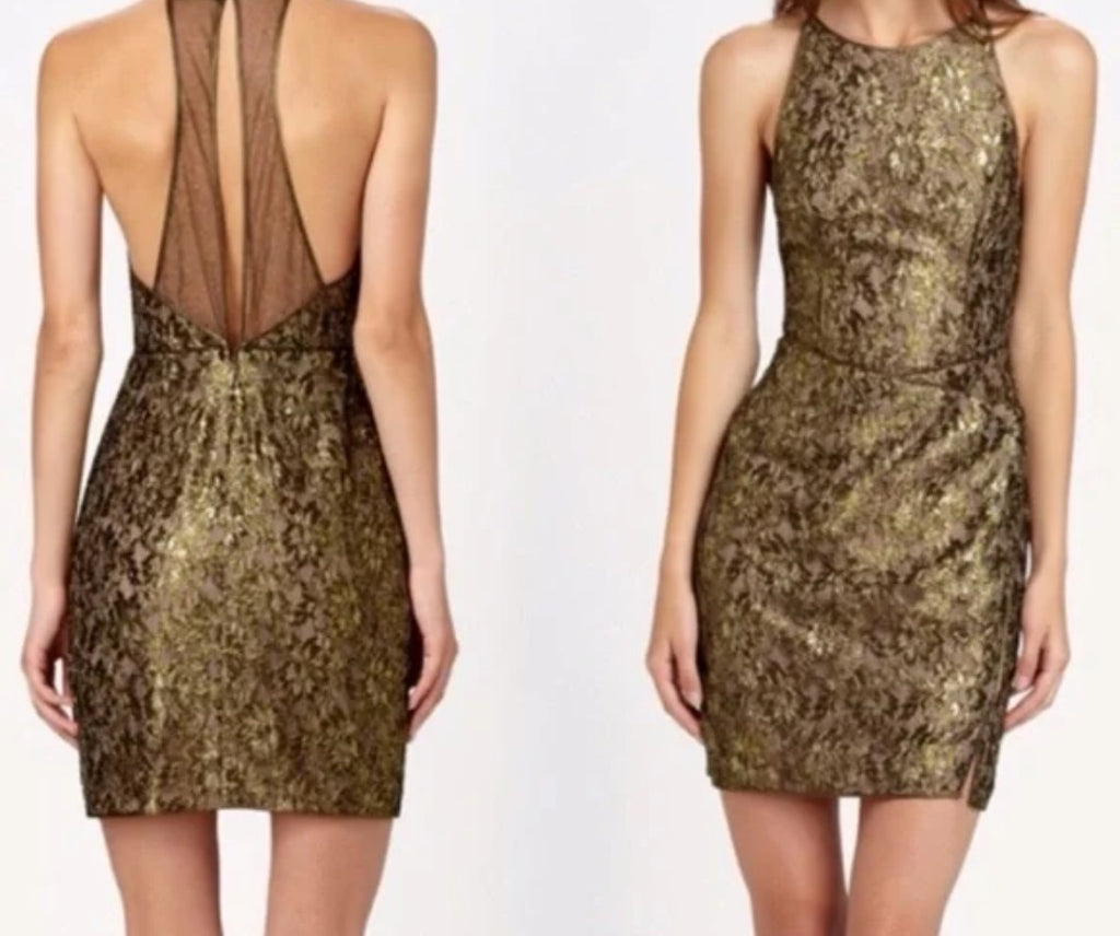 BCBG Max Azria Tenya gold lace dress