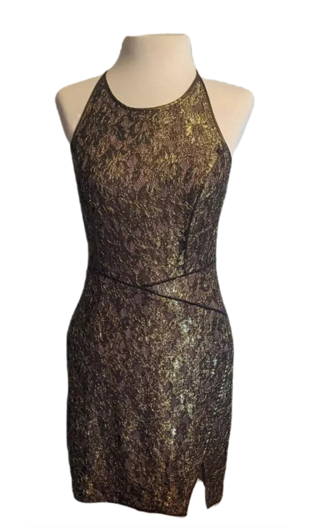 BCBG Max Azria Tenya gold lace dress